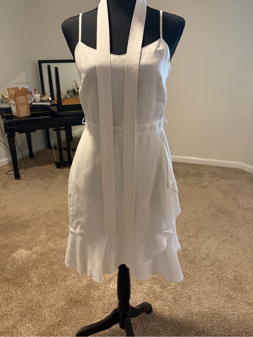 Banana Republic Linen White Faux Wrap Dress Size 2 Petite Ruffle Hem